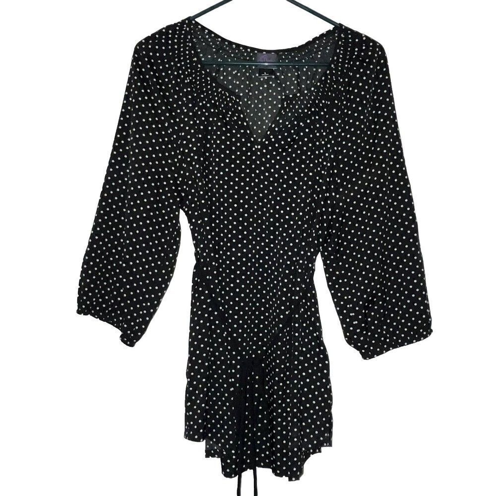 Oh Baby Babydoll Top Sz Large Black And White Polka Dot Tie Long Sleeve Elastic